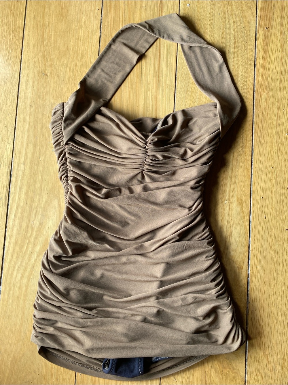 Norma Kamali Ruched Halter bathing suit in Taupe